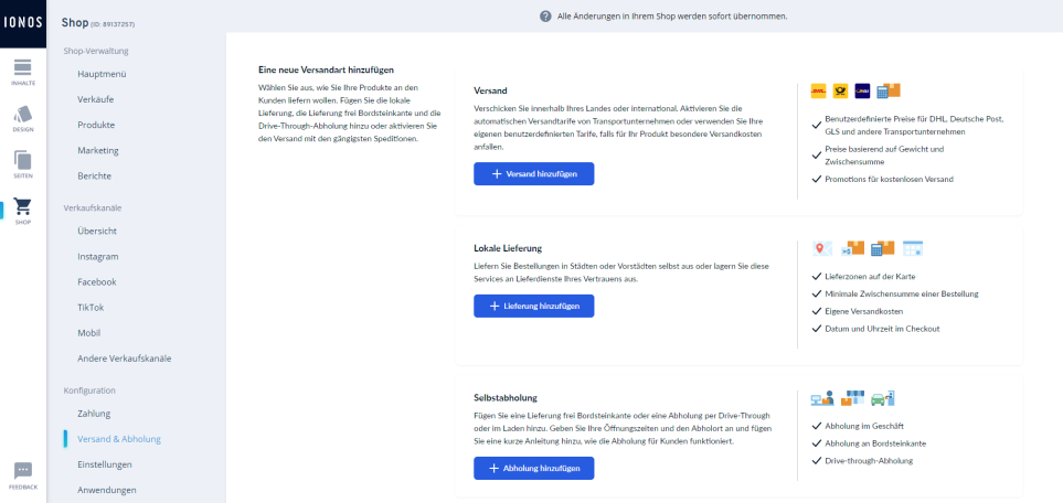 Wählen Sie Ihre Versandmethoden